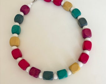 Wooden Beaded Necklace Colorful Vintage