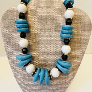 Chunky Blue, White, Black Beaded Necklace Vintage
