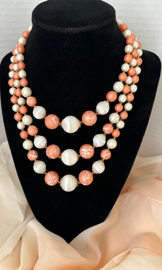 Peach Beaded Multi Strand Necklace Vintage - image 2