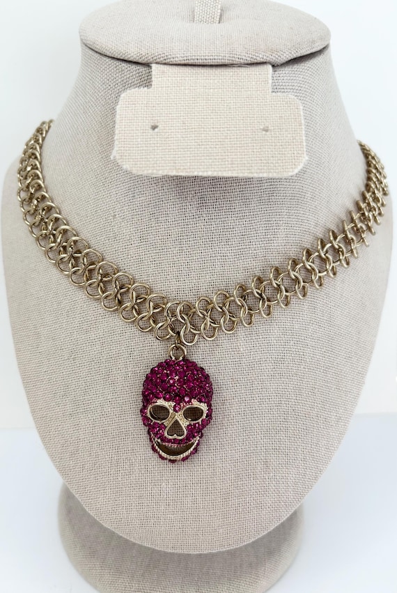 Pink Rhinestone Skull Pendant Chain Necklace