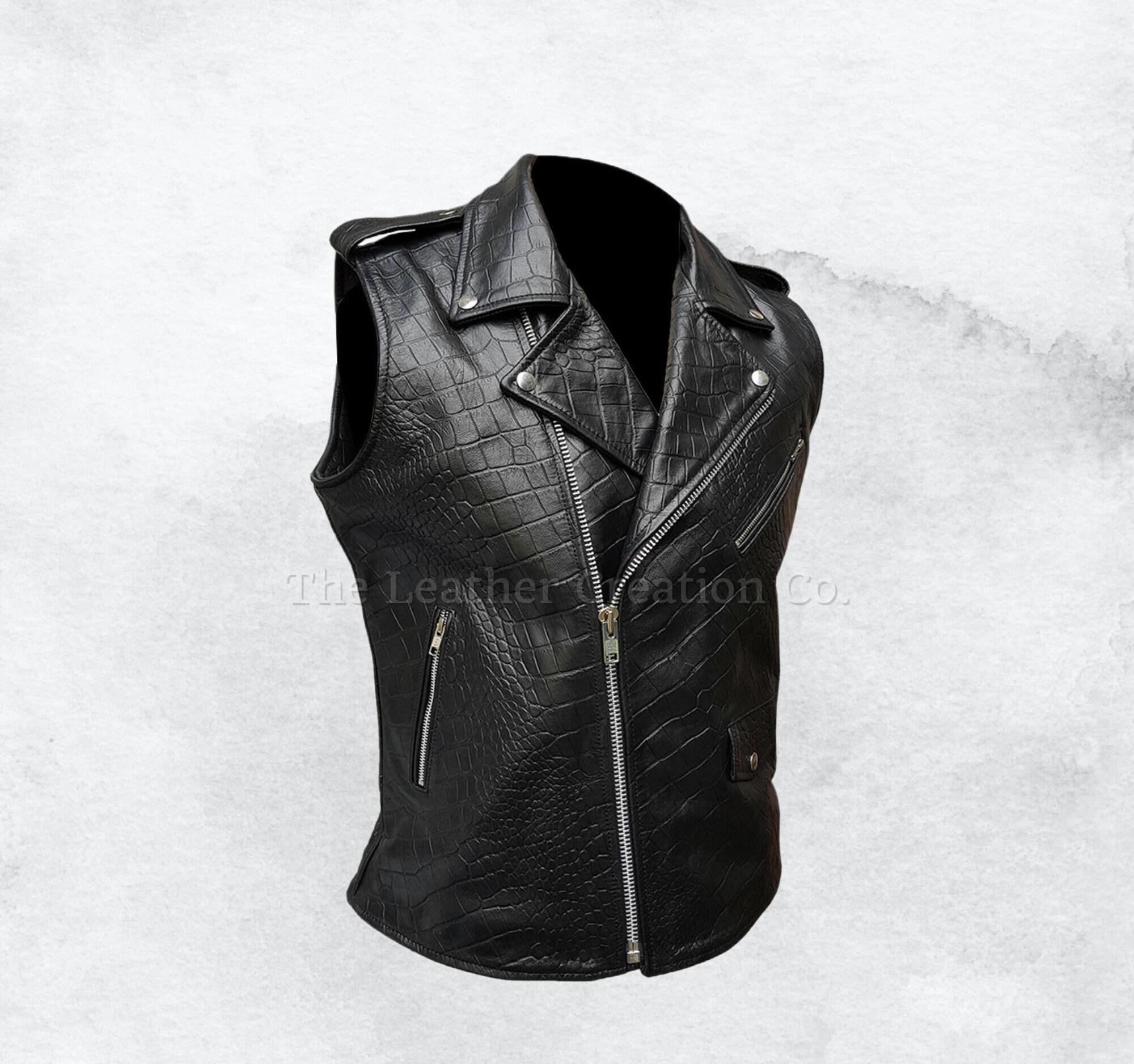 Real Black Leather Men' Vest in Crocodile Texture Black Etsy