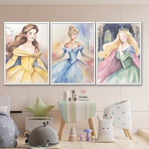 Watercolor Princess Art Prints for Girls Nursery, Hand Drawn Girls Nursery Art, Princess Wall Art, Baby Girl Wall Art, Digital Download