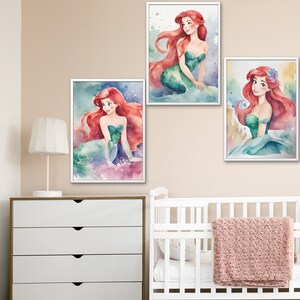 Watercolor Princess Print Kids Room Poster, Ariel Mermaid Wall Art, Hand Drawn Girl Nursery Print, Nursery Gift Instant Digital Download