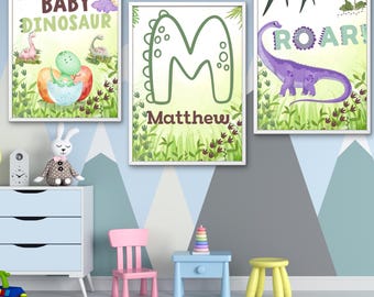 Estampas personalizadas de dinossauros em aquarela: arte de parede para berçário (conjunto de três) (download digital)