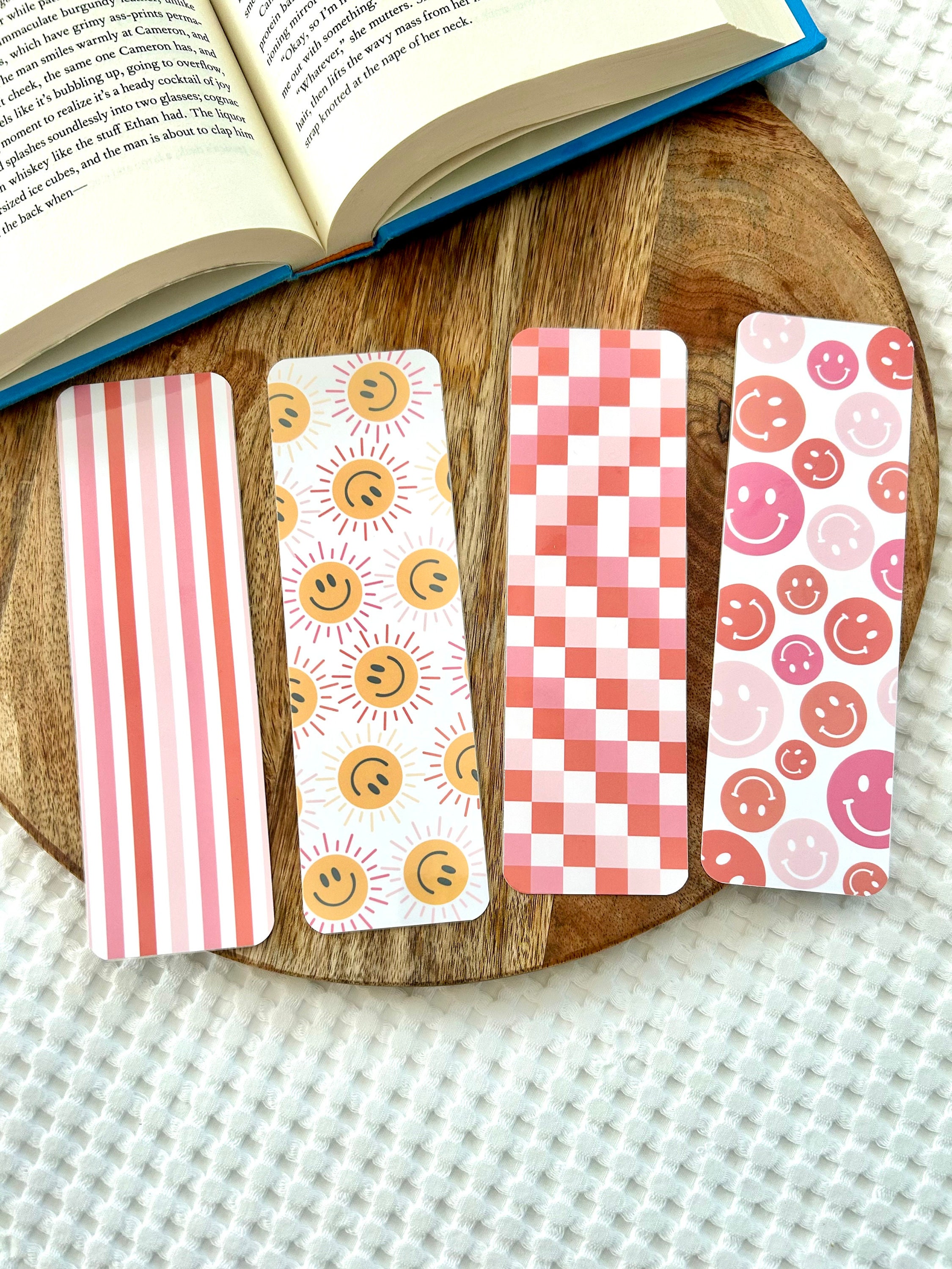 Pink Smiley Bookmark Set | Smiley Face Suns | Laminated Bookmarks | Pink Summer Themed Bookmarks