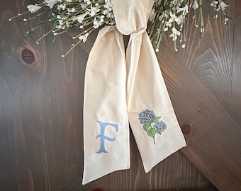 Monogrammed Hydrangea Wreath Sash, Embroidered Wreath Bow, Housewarming Gift