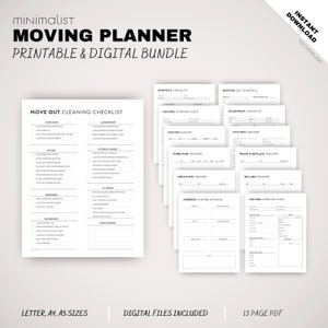May include: A printable and digital moving planner bundle with 13 pages. The bundle includes checklists for moving day, apartment, utilities, trash and replace, selling, donation, furniture, moving company info, moving budget, monthly checklist, and a move out cleaning checklist. The checklists are in black and white with a minimalist design.