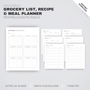 May include: A printable and digital bundle of 7 pages for meal planning, grocery lists, and kitchen inventory. The pages are black and white with a minimalist design.