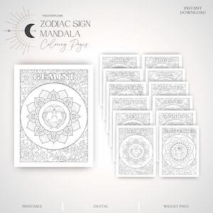 May include: A set of 12 printable coloring pages featuring zodiac signs in mandala designs. Each page includes the name of the zodiac sign and a detailed mandala illustration.