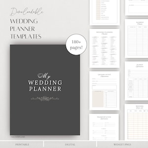 Op de afbeelding: Een printbare bruiloftplanner met een grijze omslag en de tekst "My Wedding Planner". De planner bevat meer dan 180 pagina's met checklists, budget trackers en andere nuttige informatie voor het plannen van een bruiloft.
