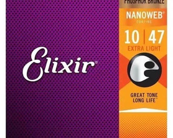 Elixir Phosphor Bronze Guitar Strings Nanoweb 16102, Gauge 10-47