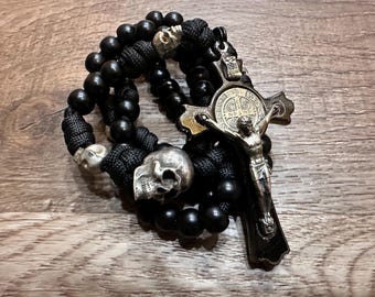 Handcrafted Memento Mori Rosary, Black Paracord, Silver Skull, Saint Benedict Crucifix