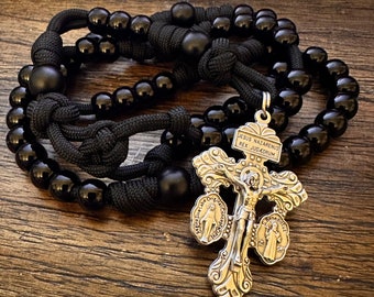 Handcrafted Black Paracord Rosary: Matte Black Beads, 3-Way Pardon Crucifix