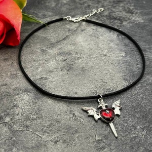 Black flat suede choker with gothic red heart and wing charm pendant