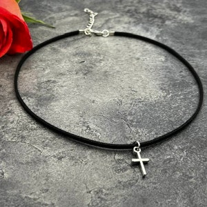 Black flat suede choker with cross charm pendant