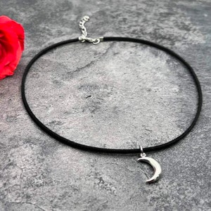 Black flat suede choker with crescent moon charm pendant