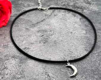 Black flat suede choker with crescent moon charm pendant