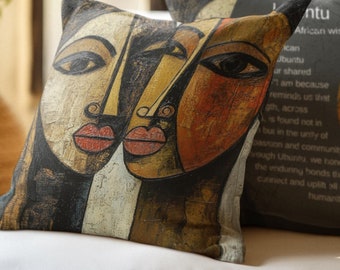 Chair Cushion Cover with African Modern Art Housewarming Gift Throw Pillow of African Abstract Portrait Meaningful Gift of Ubuntu Definition
