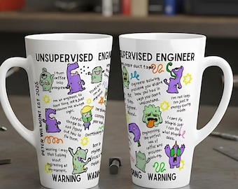 Personalized Funny Engineer Mug | Warning Unsupervised Engineer Doddle Mug | Coffee Cup with Engineering Quotes & Cartoon Monsters