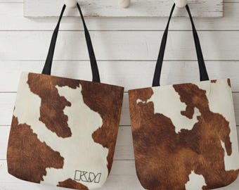 Personalized Brown Cowhide Pattern Canvas Tote Bag | Cow Print Tote with Initials