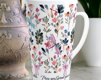 Personalized Dragonfly Floral Mug, Large 17oz Botanical Latte Cup with Custom Name or Message, Gift for Her