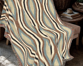 Cotton Woven  Blanket,  Abstract Geometric Throw in Earthy, Retro Palette of Teal, Brown, Beige, Ivory Cream and Charcoal with Rusty Fringe