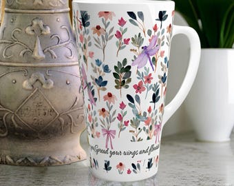 Personalized Dragonfly Floral Mug, Large 17oz Botanical Latte Cup with Custom Name or Message, Gift for Her