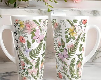 Personalized Butterfly Mug with Floral & Fern Design, Custom Botanical Coffee Cup Gift for Her, Birthday or Mother’s Day
