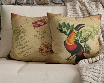 Personalised Pillow Cover | Toucan Vintage Cushion Cover | Custom Message Pillow | Gift for Grandma, Mum, Godmother | Tropical Bird Decor