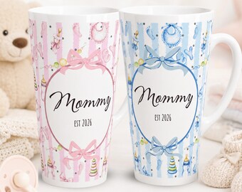 Personalized New Mom Mug, 17oz Latte Mug, Custom Mommy EST Year Cup, Baby Shower Gift, Pink or Blue New Baby Gift for Mum