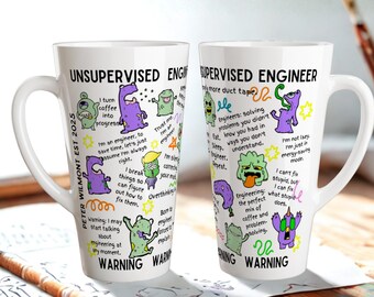 Personalized Funny Engineer Mug | Warning Unsupervised Engineer Doddle Mug | Coffee Cup with Engineering Quotes & Cartoon Monsters