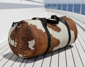 Brown Cowhide Print Duffel Bag | Rustic Animal Pattern, Travel Gym Bag