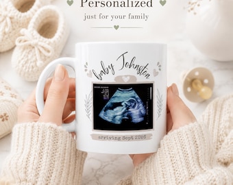 Personalised Pregnancy Announcement Mug with Baby Scan, Custom Family Name, Dad-to-Be Reveal Gift, 11oz Ceramic Mug