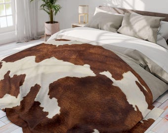 Brown White Cowhide Pattern Arctic Fleece Blanket | Faux Cow Print Throw