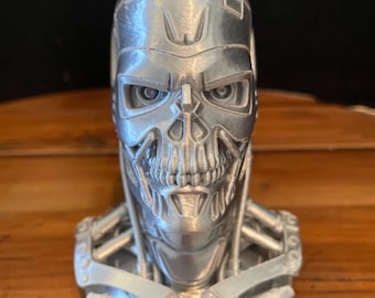 Terminator T-800 Endoskeleton Bust – 3D Printed Silk Silver pla Sculpture, Sci-Fi Replica Desktop Decor