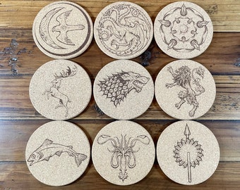 Game of Thrones House Laser Engraved Cork Coasters