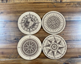 Nautical Compass Laser Engraved Cork Coasters