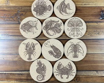 Sea Animal life Laser Engraved Cork Coasters