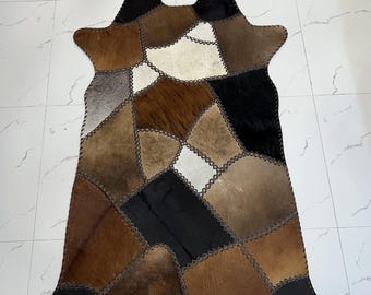 Handmade Tricolor Cowhide Rug Patchwork Cow Skin Hand Stitched Premium Leather Area Rug Hair On | Tricolor Cowhide Rug Patchwork