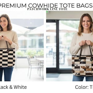 Cowhide Tote Bag | HairOn Cowhide Tote Bag Purse | Leather Cowhide Bag | Cowhide Shoulder Bag | Western Boho handbag | Western Cowhide Purse Patchwork Line Tote