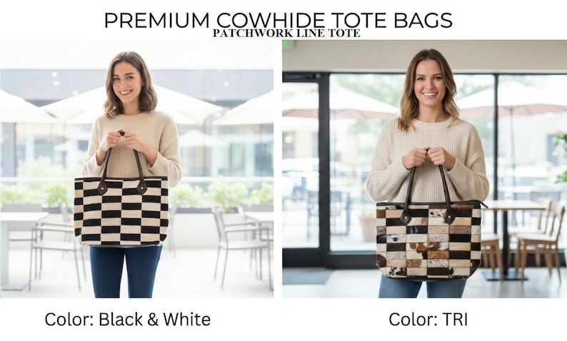 Cowhide Tote Bag | HairOn Cowhide Tote Bag Purse | Leather Cowhide Bag | Cowhide Shoulder Bag | Western Boho handbag | Western Cowhide Purse Patchwork Line Tote