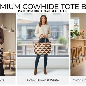 Cowhide Tote Bag | HairOn Cowhide Tote Bag Purse | Leather Cowhide Bag | Cowhide Shoulder Bag | Western Boho handbag | Western Cowhide Purse Patchwork Triangle T