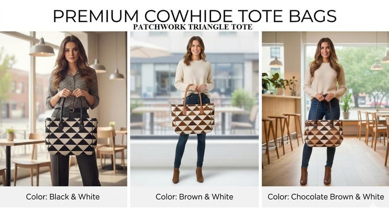 Cowhide Tote Bag | HairOn Cowhide Tote Bag Purse | Leather Cowhide Bag | Cowhide Shoulder Bag | Western Boho handbag | Western Cowhide Purse Patchwork Triangle T