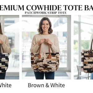 Cowhide Tote Bag | HairOn Cowhide Tote Bag Purse | Leather Cowhide Bag | Cowhide Shoulder Bag | Western Boho handbag | Western Cowhide Purse Patchwork Strip Tote
