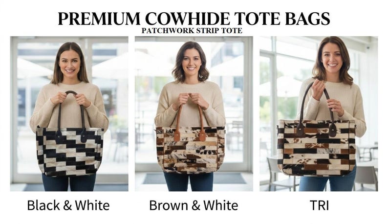 Cowhide Tote Bag | HairOn Cowhide Tote Bag Purse | Leather Cowhide Bag | Cowhide Shoulder Bag | Western Boho handbag | Western Cowhide Purse Patchwork Strip Tote