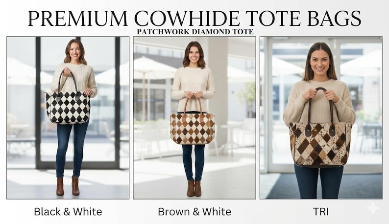 Cowhide Tote Bag | HairOn Cowhide Tote Bag Purse | Leather Cowhide Bag | Cowhide Shoulder Bag | Western Boho handbag | Western Cowhide Purse Patchwork Diamond To