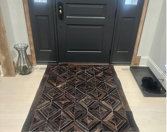 Handmade Cowhide Rug Patchwork Tricolor Cow Skin Hand Stitched Premium Leather Area Rug Hair On | Black Cowhide Patchwork Carpet