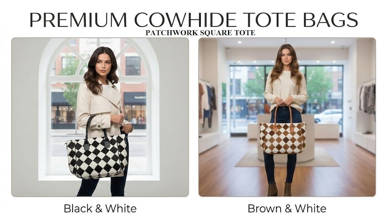 Cowhide Tote Bag | HairOn Cowhide Tote Bag Purse | Leather Cowhide Bag | Cowhide Shoulder Bag | Western Boho handbag | Western Cowhide Purse Patchwork Square Tot