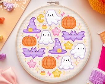 Pastel Halloween ghost cross stitch pattern, fall, autumn, jackolantern, cute, pumpkin, witch, bat, spooy, beginner, PDF Downloadable