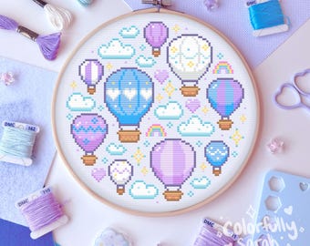 Hot air balloon cross stitch pattern, nursery, baby, clouds, blue, baby gift, dreamy, pastel, cute, beginner, PDF Downloadable